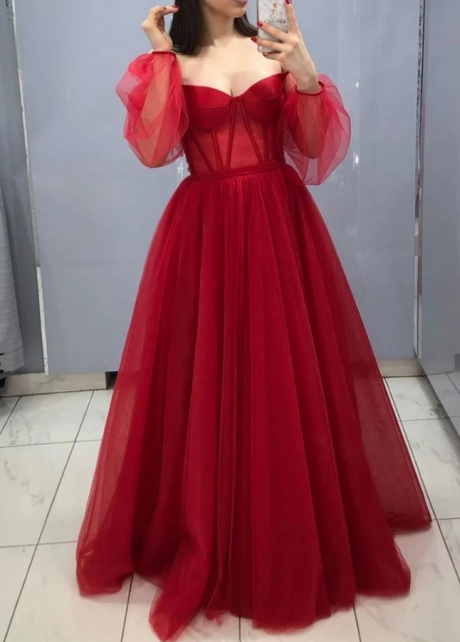 Red Off the Shoulder Wedding Gowns Tulle Skirt Sheer Sleeves