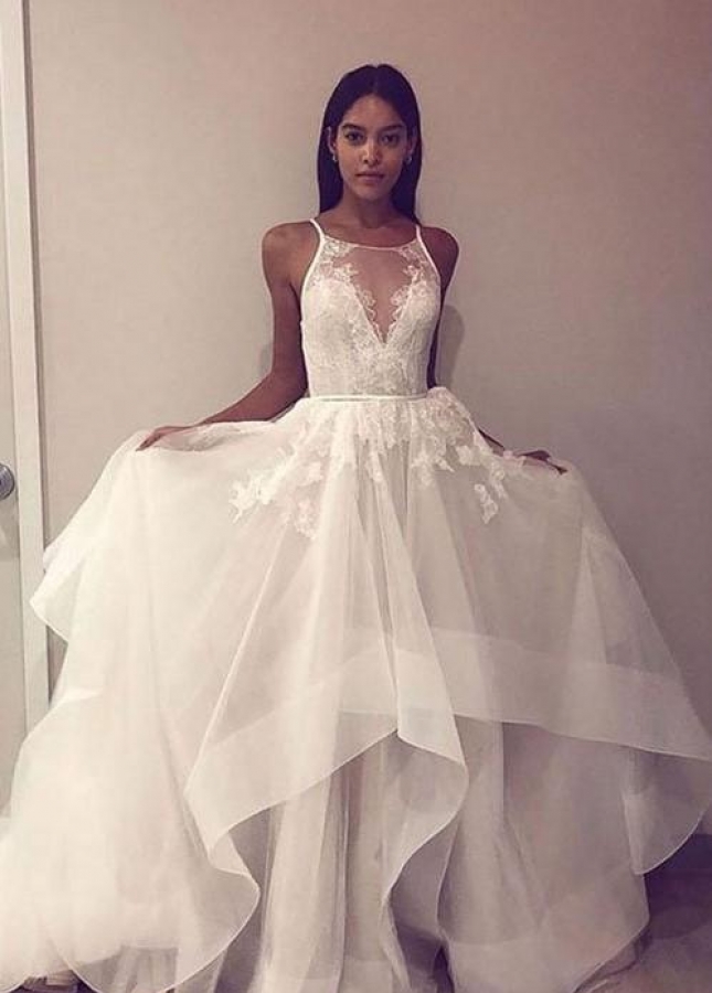 Ruffled 2023 Style Wedding Dress with Lace Illusion Bodice