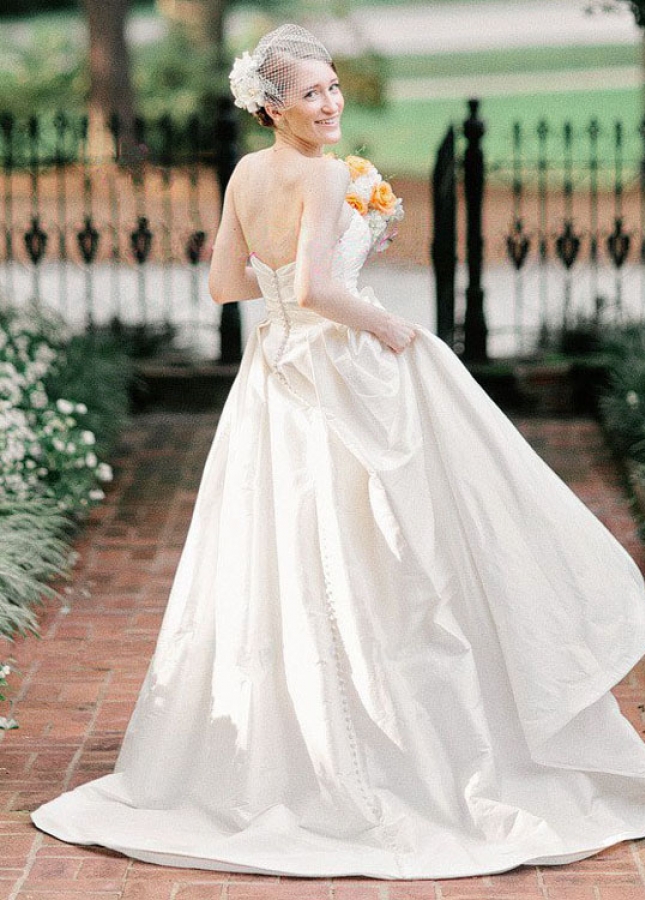 Ruched Strapless Simple Satin Bridal Gowns with Chapel Train