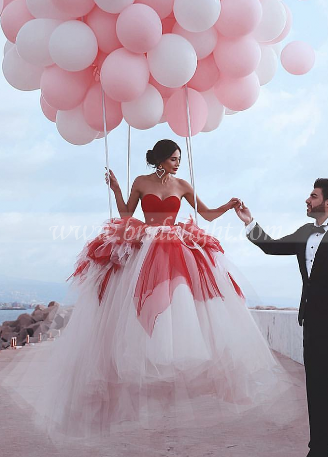 Red&Ivory Tulle Ball Gown Wedding Dresses Backless vestido de noiva