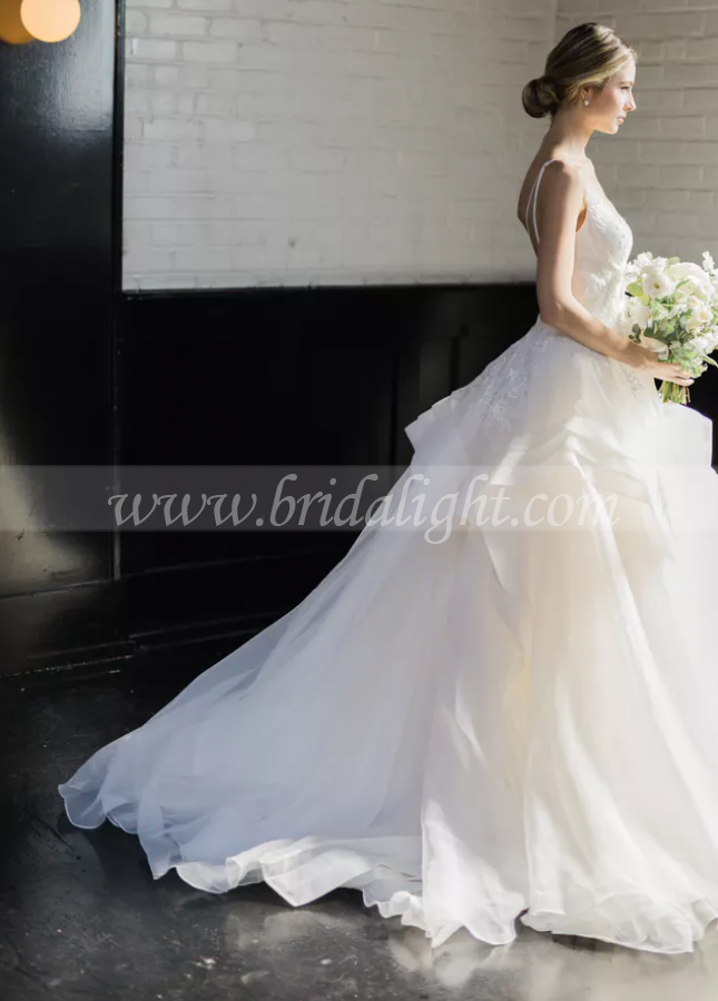 Ruffled Organza Ball Gowns Wedding Dresses Lace V-neckline vestido de baile