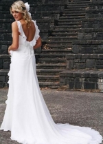 Ruffled Neckline White Chiffon Wedding Gown for Seaside