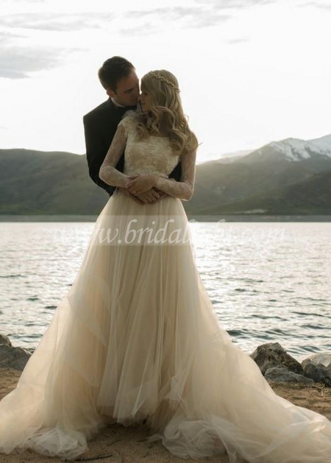 Romantic Champagne Wedding Dress with Lace Long Sleeves