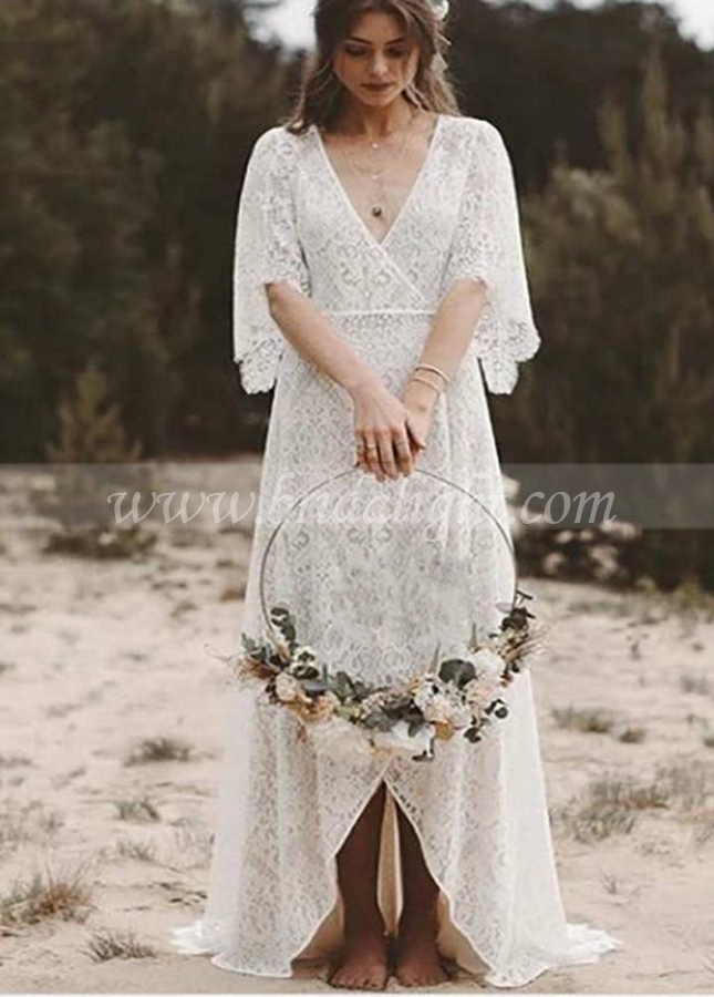 Beach Wedding Dresses Bohemian Lace 2022 Deep V Neck Country A Line Bridal Gowns