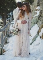 Romantic Champagne Long Sleeve Full Lace Bohemian Wedding Dresses Vintage O-Neck Open Back Boho Country Bridal Wedding Dress