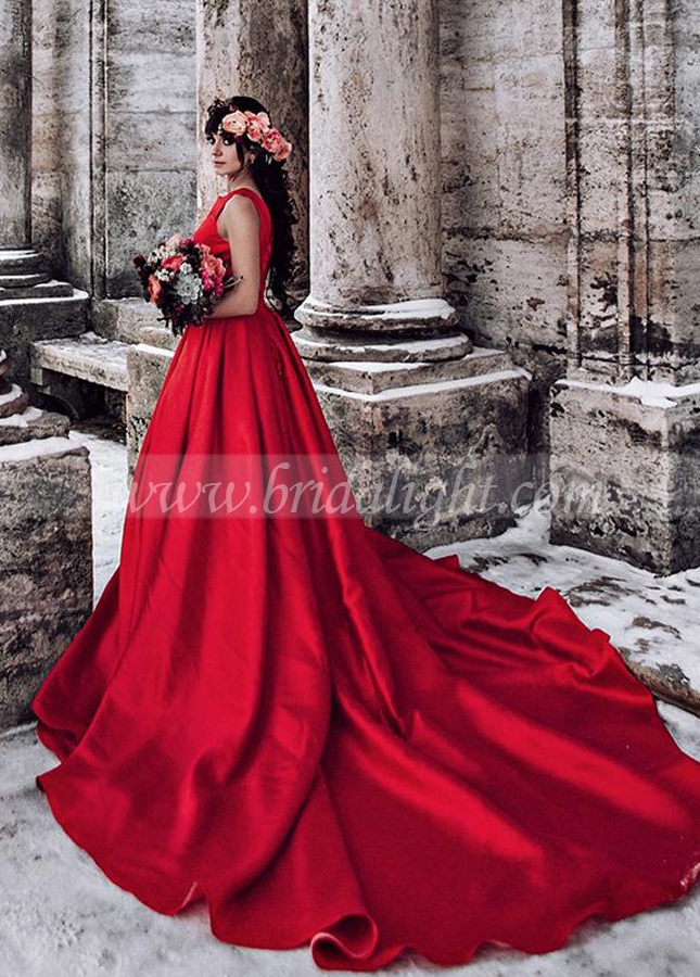 Red Satin Wedding Dresses Jewel Neck Elegant Bridal Gowns
