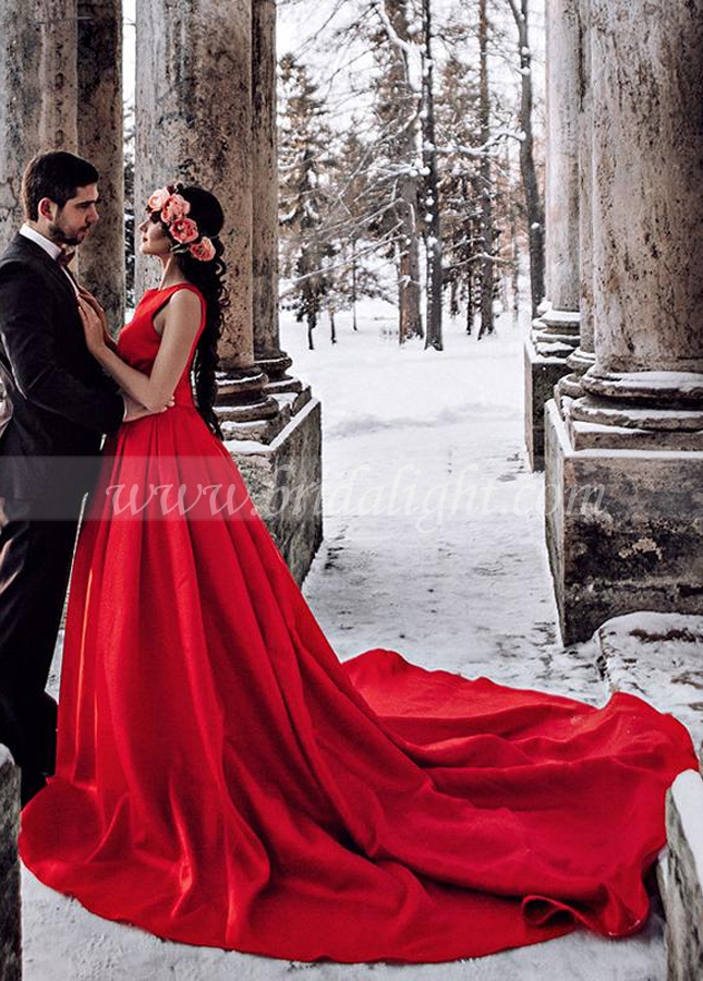 Red Satin Wedding Dresses Jewel Neck Elegant Bridal Gowns