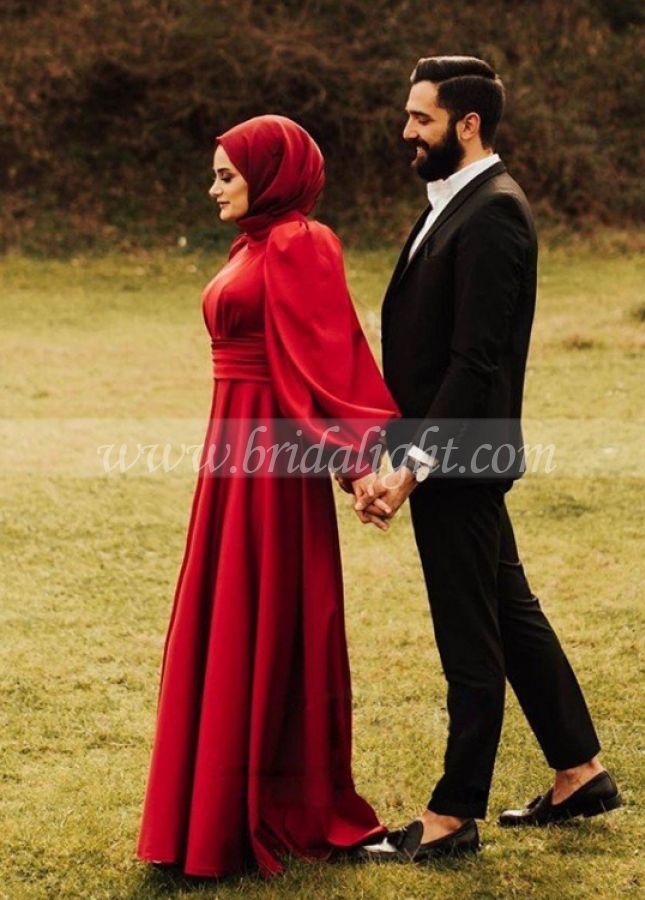 Red Muslim Wedding Dress Satin A Line Bridal Dress Gown With Train