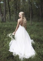 Simply Satin Backless Forest Themed Wedding Dresses with Organza Skirt