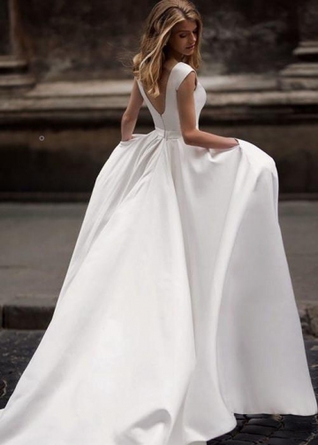 Simple Long Satin A-line Wedding Dresses with Pockets