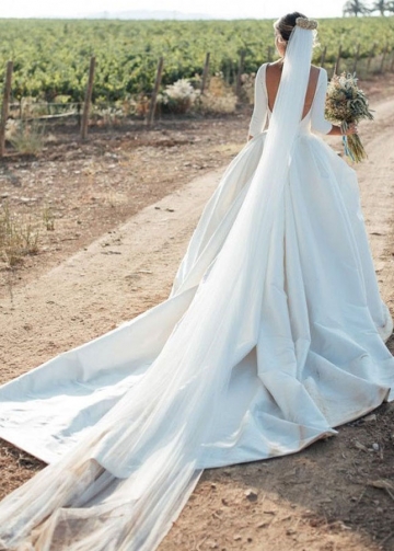 Satin Cathedral Train Wedding Dresses with Sleeves