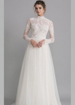 See-through High Neck Wedding Gown Lace Long Sleeves Tulle Skirt