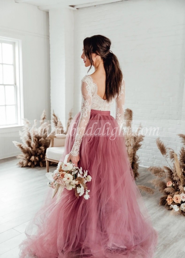 See-through Long Sleeves Bride Dress Wedding Tulle Skirt