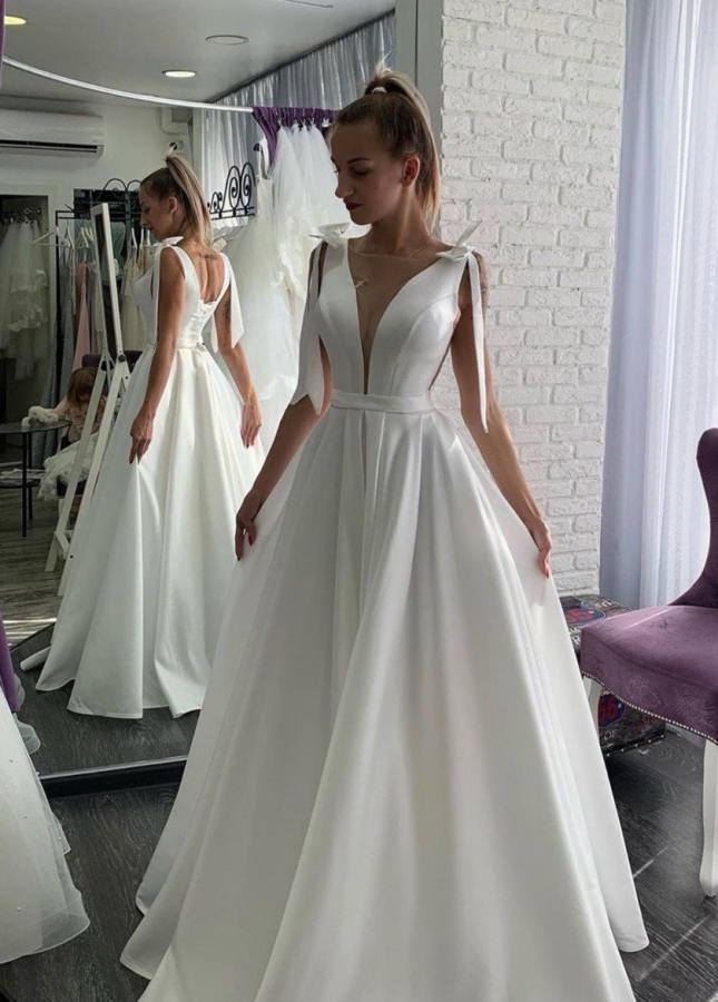 Satin Floor-Length Wedding Dress with Bow Straps