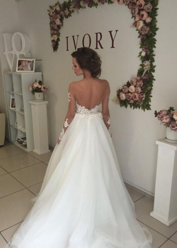 See-through Sleeves Bridal Dress for Marriage Tulle Skirt