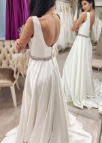 Simple Satin Bridal Wedding Gown with Rhinestones Belt