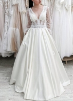 See Through Long Sleeves Sequin Satin Bride Wedding Gown With Pockets