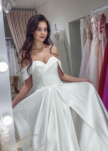 Satin Simple Wedding Gown Dress with Off-the-shoulder