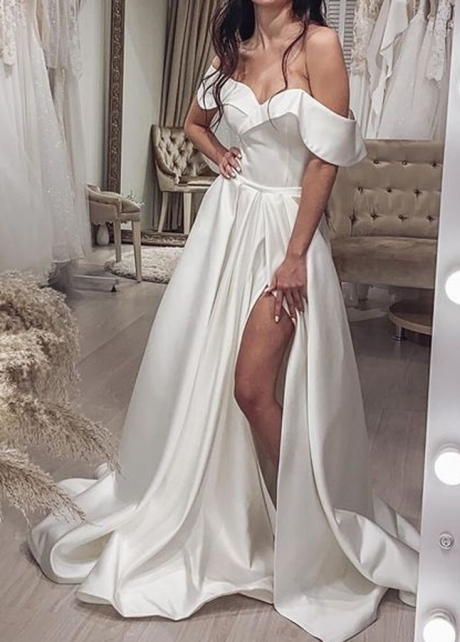 Satin Simple Wedding Gown Dress with Off-the-shoulder