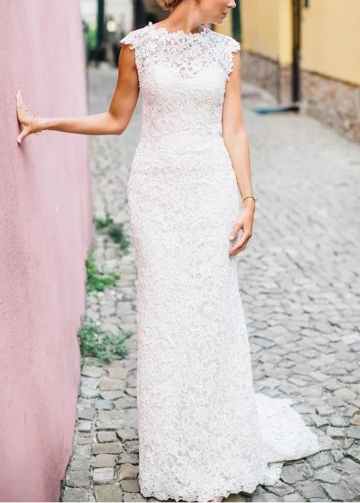 Sheath Lace Wedding Dress with Detachable Tulle Train