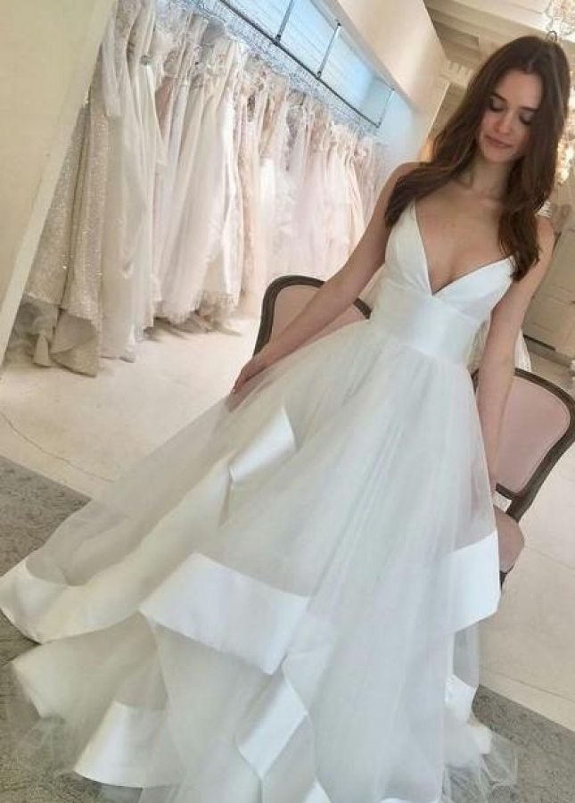 Satin Ribbon Tulle Wedding Gown with V-neckline