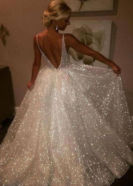 Sparkling Sequin Wedding Dresses with V-neckline