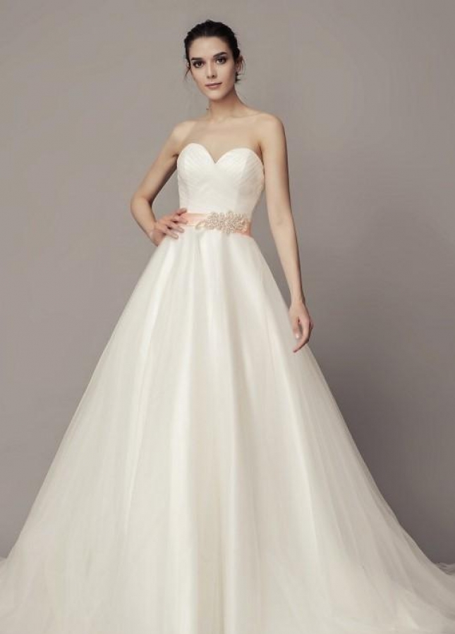 Sweetheart Tulle Skirt Wedding Gown with Appliques Sash