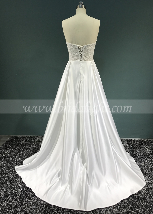 Sweetheart Sheer Lace Corset Wedding Dresses Satin Skirt