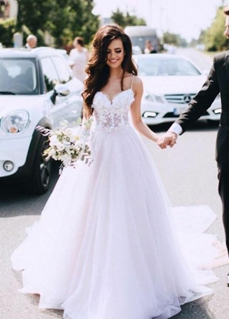 Sheer Lace and Tulle Sweetheart Wedding Dress with Thin Straps