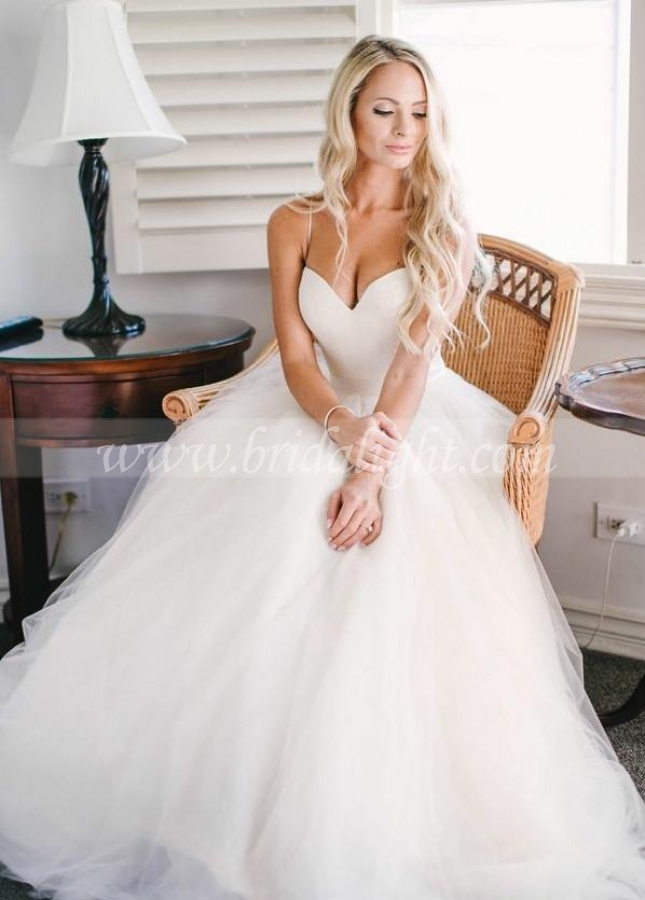 Satin and Tulle Wedding Gown Dresses with Spaghetti Straps