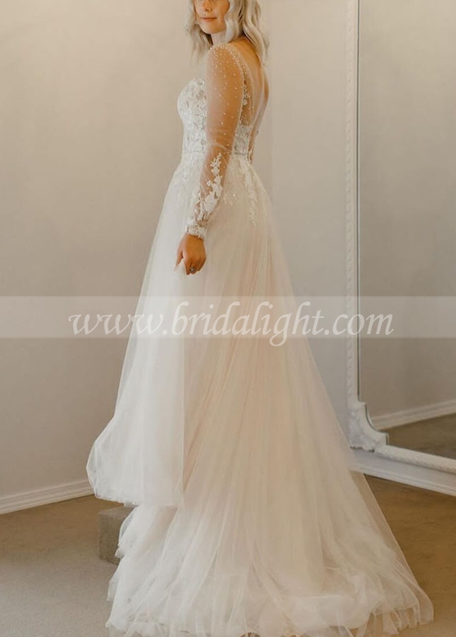 See Through Long Sleeves Champagne Lining with Ivory Tulle Wedding Gown Dress