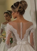 See-through Lace Long Sleeves Bridal Gown Satin Skirt