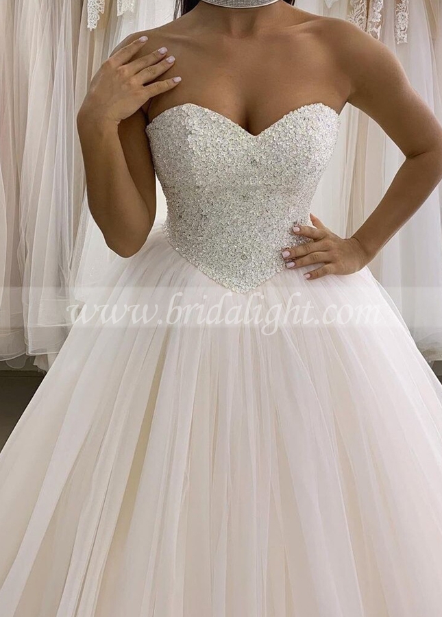 Strapless Sequin Crystals Ball Gown Bridal Dress Tulle Skirt