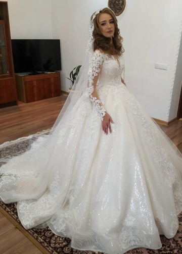 Sparkling Long Sleeves Lace Ball Gown Wedding Dress Ivory