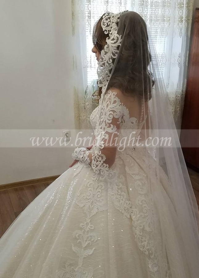 Sparkling Long Sleeves Lace Ball Gown Wedding Dress Ivory