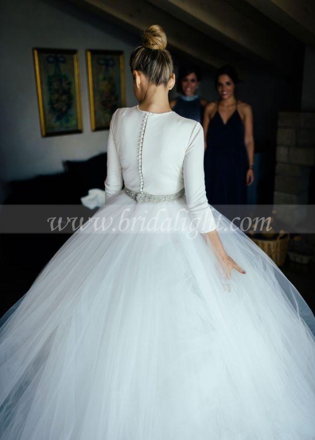 Spandex 3/4 Sleeves Ball Gown Wedding Dresses with Rhinestones Belt