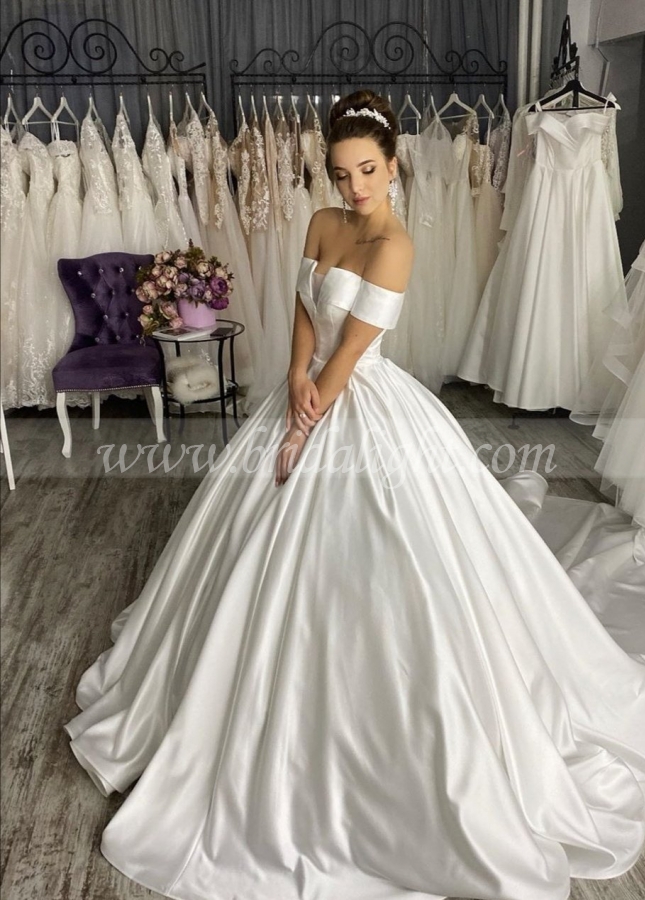 Stylish Off-the-shoulder Sleeves Wedding Gown with Satin Long Train