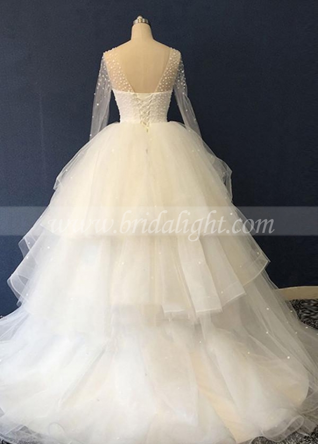 See-through Pearls Neckline Long Sleeves Ball Gown Wedding Dress