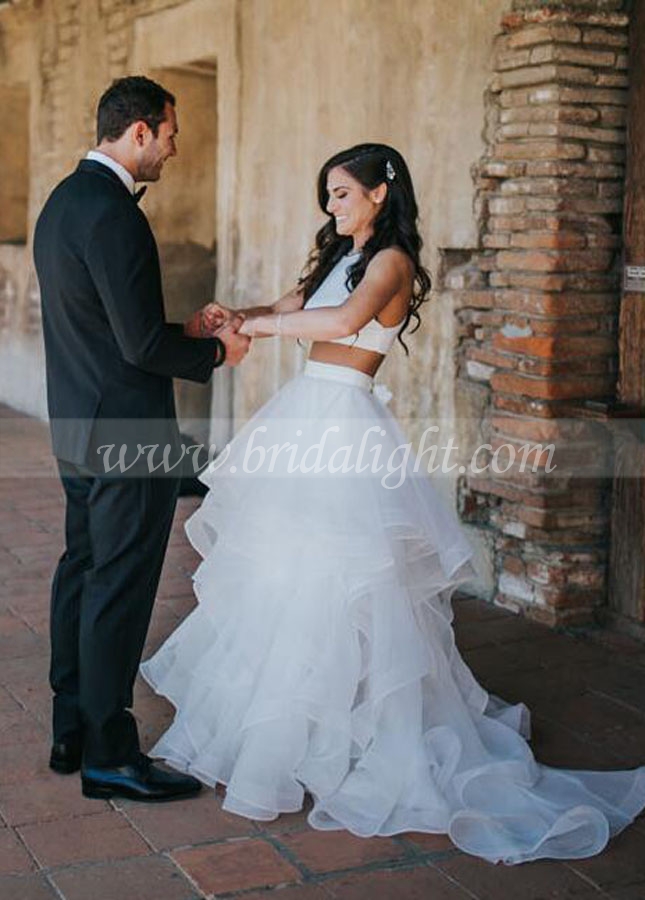 Sleeveless Two Piece Wedding Dress with Ruffles Skirt