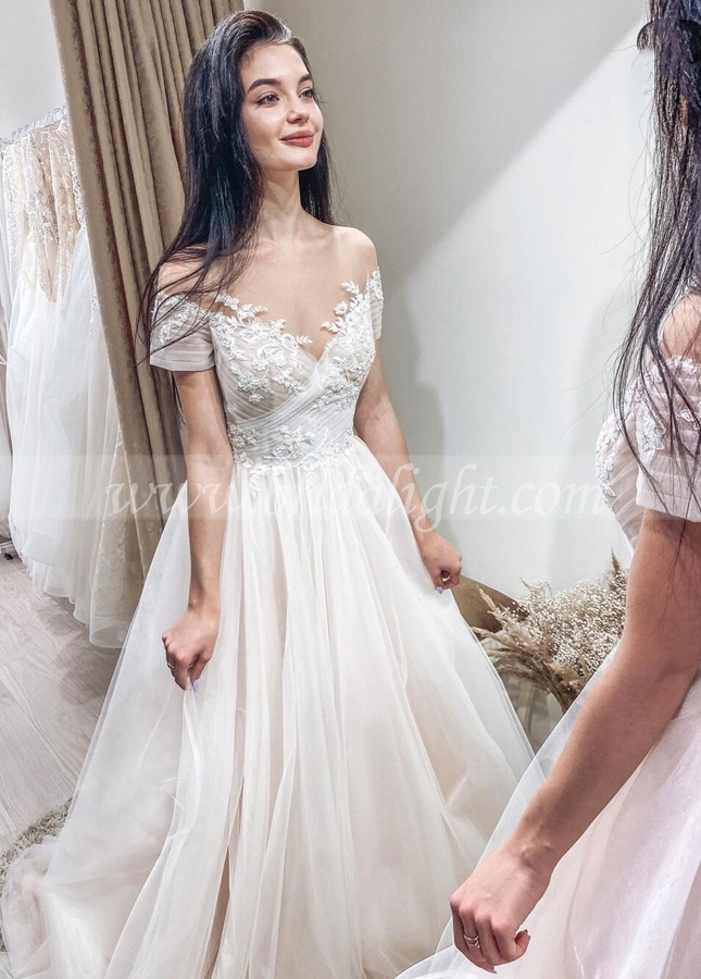 Short Sleeves Illusion Neckline A-line Wedding Dresses