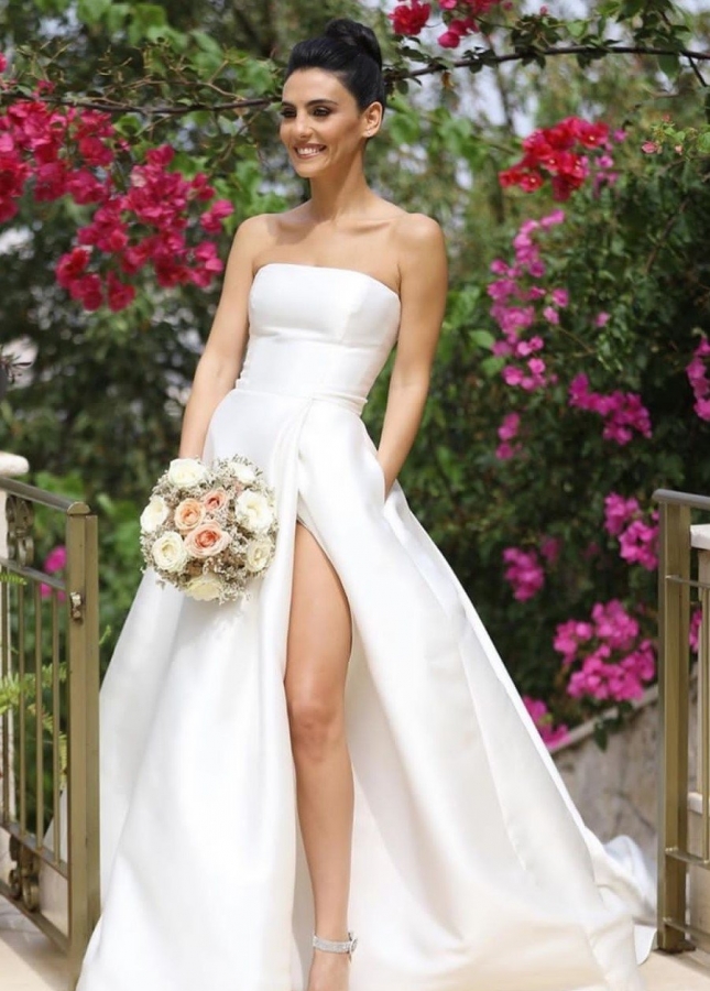 Strapless Satin A-line Wedding Dress with Tulle Shawl