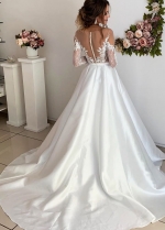 Sheer Lace Satin Wedding Dress Chapel Train Long Sleeves