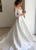 Sheer Lace Satin Wedding Dress Chapel Train Long Sleeves