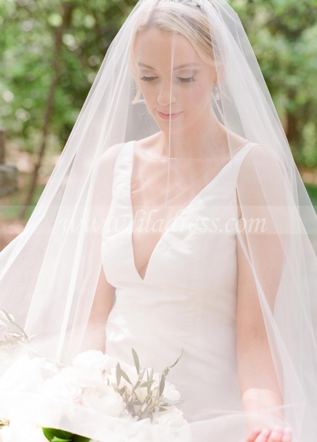 Sheer V-neckline Satin Sheath Wedding Gown with Ruffles Back
