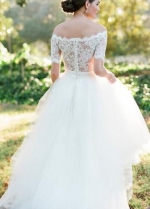 Scalloped Lace Off-the-shoulder Wedding Gown Dress with Tulle Skirt
