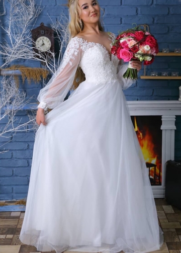 See Through Sleeves A-line Floor Length Wedding Dress Gowns