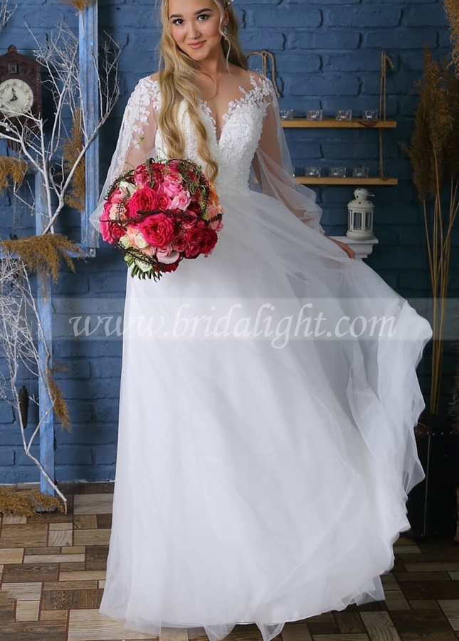See Through Sleeves A-line Floor Length Wedding Dress Gowns