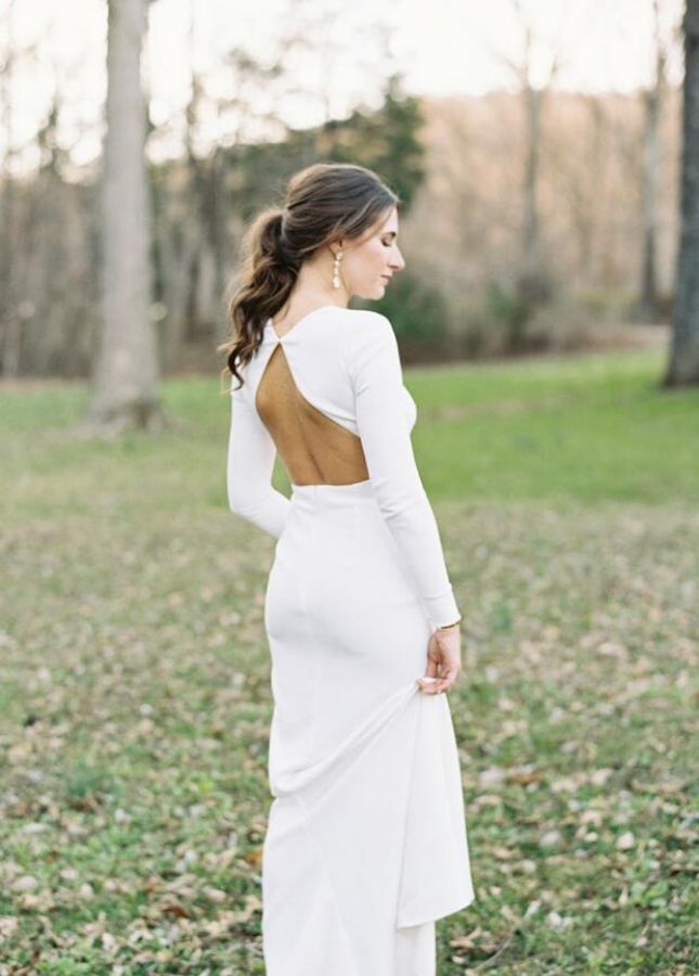 Slim Satin Countryside Wedding Dresses Long Sleeves