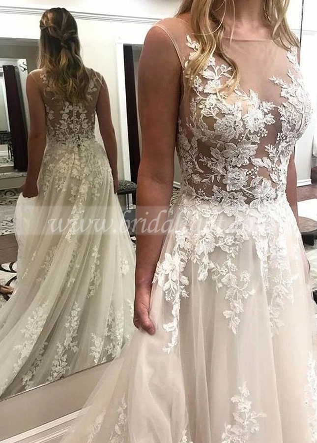 Sexy Illusion Wedding Gown with Floral Lace Bodice