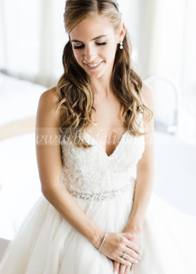 Spaghetti Straps V-neck A-line Wedding Dress with Crystals Belt